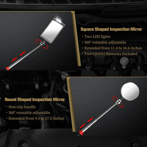 Extendable Magnetic Pickup Tool Set Five Piece With Telescoping Handles And Magnetic Flashlight Includes One Pound And Eight Pound Sticks Round And Square 360 Degree Adjustable Inspection Mirror The Perfect Gift For Him