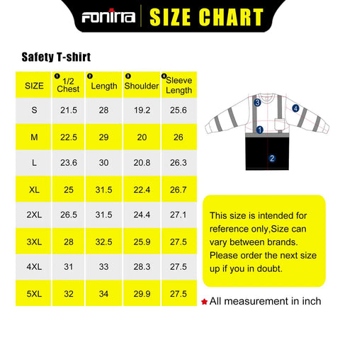 Size chart for High Visibility Long Sleeve Work Shirt For Construction And Road Work ANSI Class 3 Hi Vis With Durable Reflective Tape 3 Pack Black Built For Tough Job Sites All Day Comfort And Rugged Durability, showing dimensions for S to 5XL.