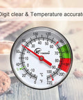 Instant Read 2-Inch Dial Thermometer For Coffee Drinks And Milk Foam, Pro Grade Temperature Gauge on table near espresso.
