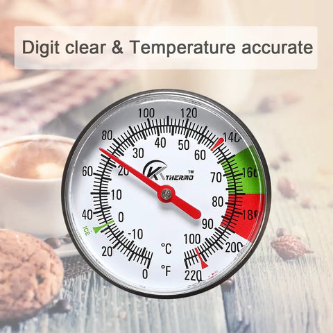Instant Read 2-Inch Dial Thermometer For Coffee Drinks And Milk Foam, Pro Grade Temperature Gauge on table near espresso.