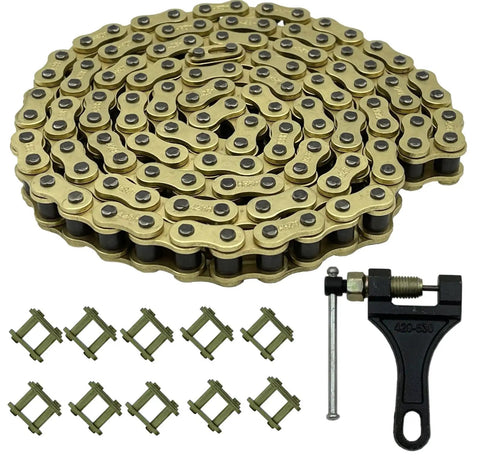 428H Gold 130 Links Motorcycle Chain With Chain Breaker For 125Cc To 200Cc Mini Bikes Dirt Bikes Go Karts And Chinese ATVs; includes connectors