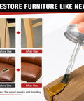 Showing Top Grade Contact Cement Adhesive 4.16 Oz with brush fixing furniture, displaying before and after results on wood and leather.