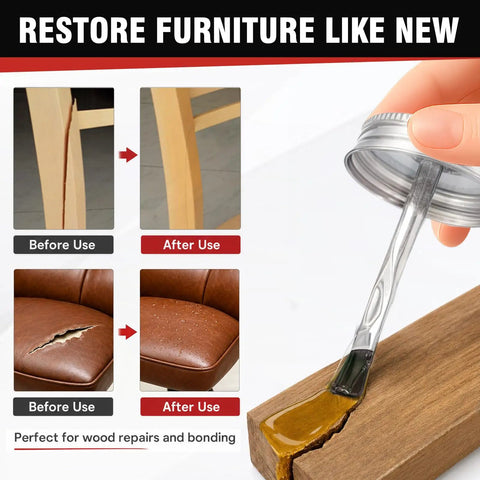 Showing Top Grade Contact Cement Adhesive 4.16 Oz with brush fixing furniture, displaying before and after results on wood and leather.