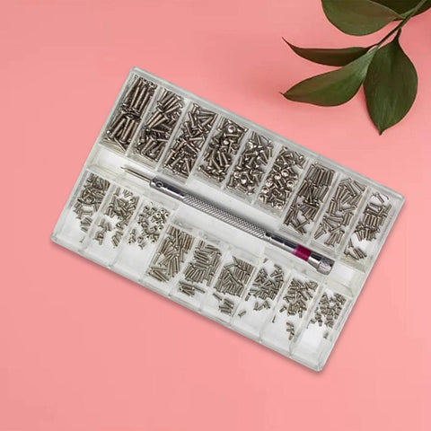 Micro Screws Assortment Kit For Watches And Electronics Heavy Duty Stainless Steel Tiny Fasteners organized in clear storage box.