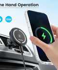 MagSafe Car Mount Charger For iPhone Wireless Car Charger with phone being attached to vent magnetic holder for safe driving