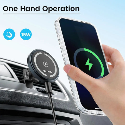 MagSafe Car Mount Charger For iPhone Wireless Car Charger with phone being attached to vent magnetic holder for safe driving