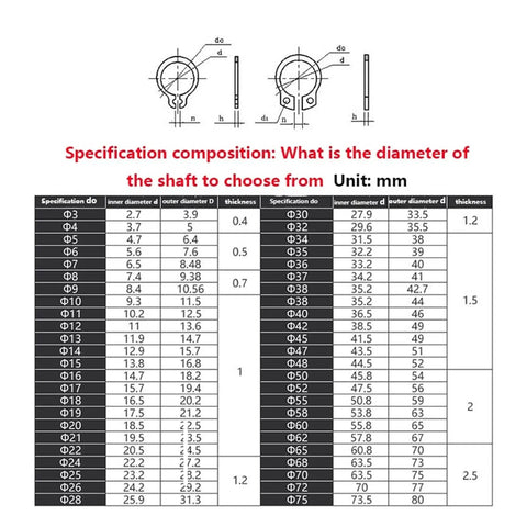 Heavy Duty M3 To M8 C-Type Shaft Retaining Ring Circlip Snap Lock size specifications table with diameter and thickness details.