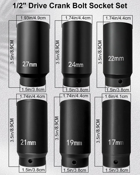 Half Inch Drive Harmonic Balancer Socket Set, 6 Piece Includes 17Mm 19Mm 21Mm 22Mm 24Mm 27Mm, displayed with size measurements