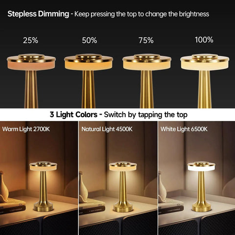 Cordless Desk Lamp With USB Charging, Portable LED Table Light, stepless dimming and three color modes shown.