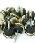 Forty Eight Pack Metal Nail On Furniture Glides With Thick Padding for wooden chairs showing nickel plated pads with rubber cushioning.