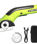 Built Different Cordless Electric Scissors With Brushless Motor And Fast Type C Charging For Heavy Duty Cardboard Box Cutting And Smooth Fabric Trimming Featuring Rock Solid Sk5 Blades, showing scissors, USB charging cable, and storage case.