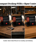 Nifty Compact Mini Bench Grinder With Solid Anti Slip Base Designed For Cramped Home Shops featuring dual wheels for grinding.