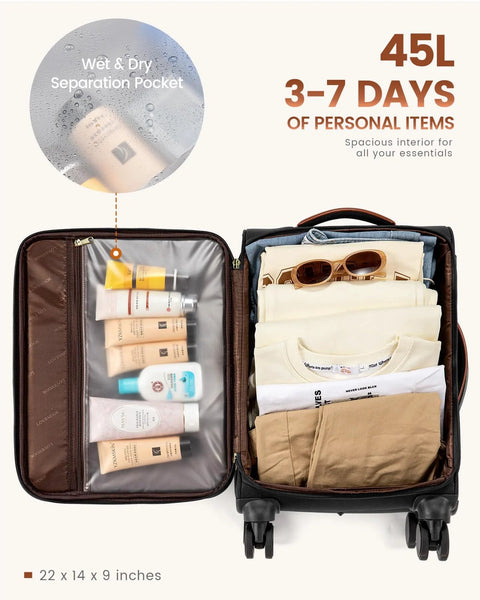 LoveVOOK 5-piece carry-on luggage set, 22x14x9 inches, two wheeled suitcases open to reveal toiletries and clothing