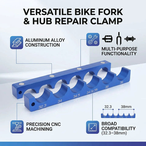 CNC Machined Bike Fork Hub Vise Insert With Aluminum Alloy Solid Frame For Round Part Holding In Home Garage And Commercial Workshop Pro Grade Multi Component Repair Tool For Fork, Hub, And Shock Service. Blue aluminum alloy clamp, 32.3-38mm