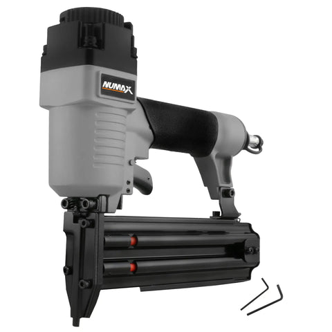Straight Shooter Pneumatic Brad Nailer 18 Gauge cranks out fasteners, expert tool for fine trim and woodworking projects.
