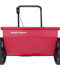 Red 75Lb Drop Spreader for Lawn Care With 22 Inch Coverage, front view showing wheels and handle, adjustable flow