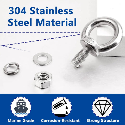 Heavy Duty M6 X 12 Mm Threaded Eyebolts With Nuts And Washers Marine Grade 304 Stainless Steel components on a surface.