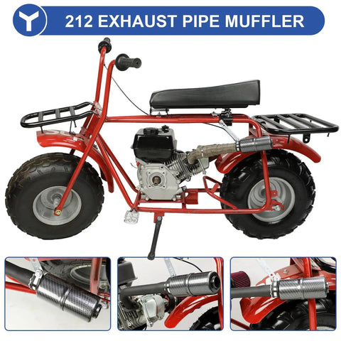 Side view of mini bike with Beefed Up Performance 212 Exhaust Header Pipe Muffler Silencer Kit For Predator 212 196cc 224cc Engines