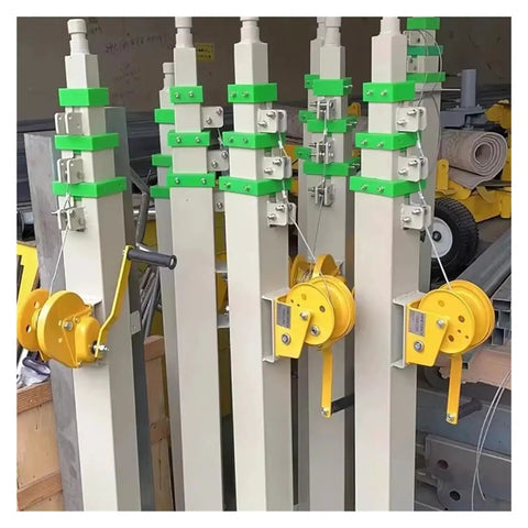 Tough As Nails Telescopic Surveillance Mast Portable Aluminum Tower mounted with yellow winches for camera setups.