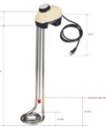 Immersion Bucket Water Heater 1500W With Auto Shutoff, Overheat Prevention; shows heating element and dimensions with thermostat.