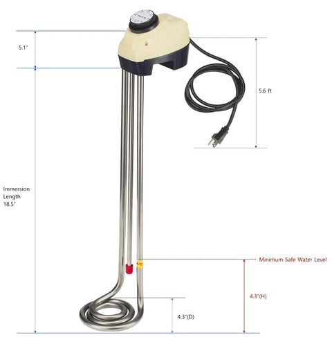 Immersion Bucket Water Heater 1500W With Auto Shutoff, Overheat Prevention; shows heating element and dimensions with thermostat.