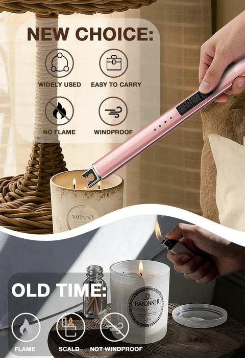 Electric USB Lighter For Candles And Outdoor Camping Rechargeable Arc Lighter in use, rose gold finish, lighting a candle