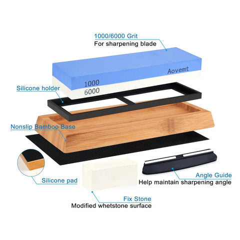 Double Sided Knife Sharpening Stone Kit With Grit 1000 And 6000 Wet Stone Non Slip Base Angle Guide And Flattening Stone Components