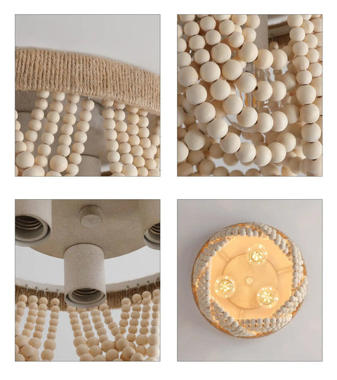 Boho Chic Wood Beaded Flush Mount Light Fixture, Rustic Farmhouse Three Light Chandelier for Bedroom, Hallway, Entry, Kitchen, Living Room, Nursery, E26 Sockets, Natural Hemp Rope Trim