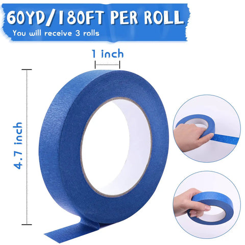 Blue Painters Tape 1 Inch By 180 Feet Per Roll, Three Rolls, Multi Surface Masking Tape For Walls, Painting And Craft Projects