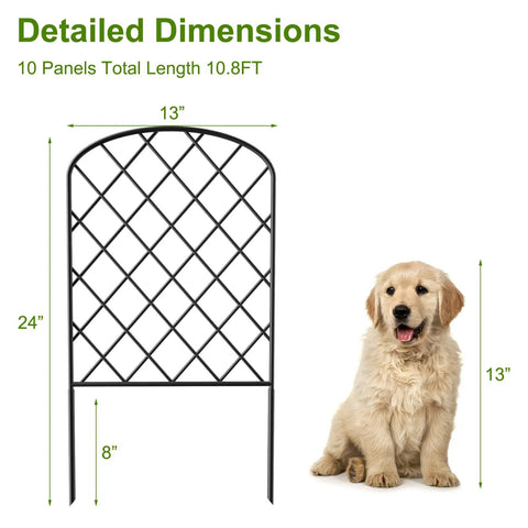 Decorative Garden Fence Panels 24 Inch High By 13 Inch Wide Diamond Mesh Rustproof Metal Animal Barrier And Landscape Border 10 Pack For No Hassle Setup Temporary Fencing In Yard Patio Flower Beds And Outdoor Decor, dimensions shown with puppy for scale.