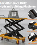 Hydraulic lift table cart with 330 lb capacity, manual scissor lift, yellow frame, four wheels, non-slip top