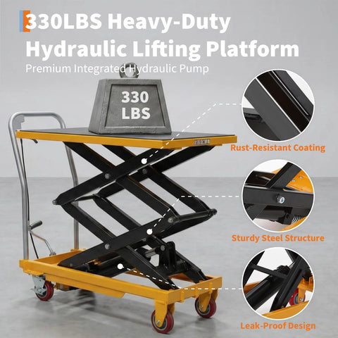 Hydraulic lift table cart with 330 lb capacity, manual scissor lift, yellow frame, four wheels, non-slip top