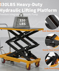 Heavy Duty Hydraulic Scissor Lift Table Cart Offering 770 Pound Capacity And 50 Inch Raising Height With Tough As Nails Construction And No Fuss Hydraulic Pump Operation For Daily Shop Hauling. Features rust-resistant coating and sturdy steel structure.