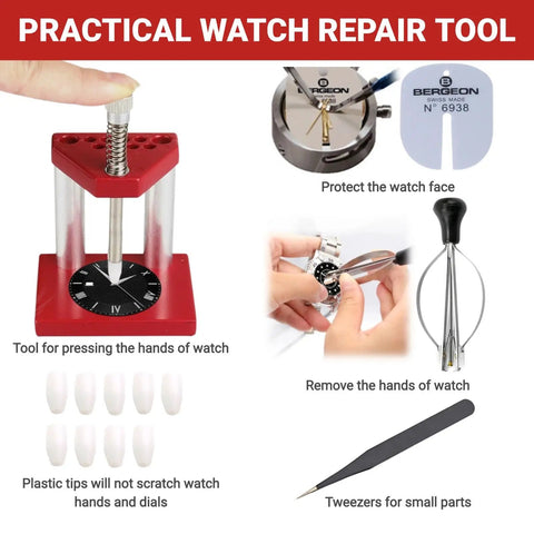 Pro Watch Repair Tool Kit With Hand Removal And Hand Press DIY Watchmaker Essentials, includes hand remover, hand press, tools.