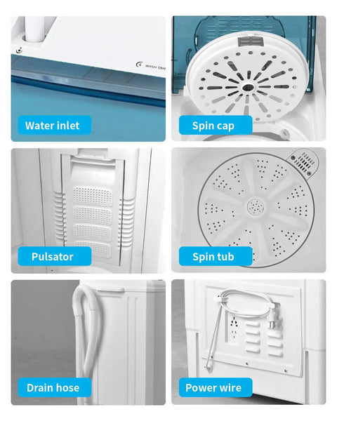 Slick Portable Twin Tub Mini Washing Machine Handling A Fast 26 Lbs Wash And Spin Cycle Semi Automatic setup showing water inlet, spin cap, pulsator, and drain hose.