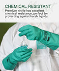 Hands wearing Badass 15 Mil Nitrile Chemical Resistant Gloves With Rock Solid Acid Alkali Solvent Shield holding a beaker.