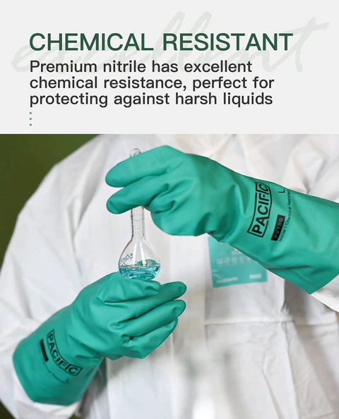 Hands wearing Badass 15 Mil Nitrile Chemical Resistant Gloves With Rock Solid Acid Alkali Solvent Shield holding a beaker.