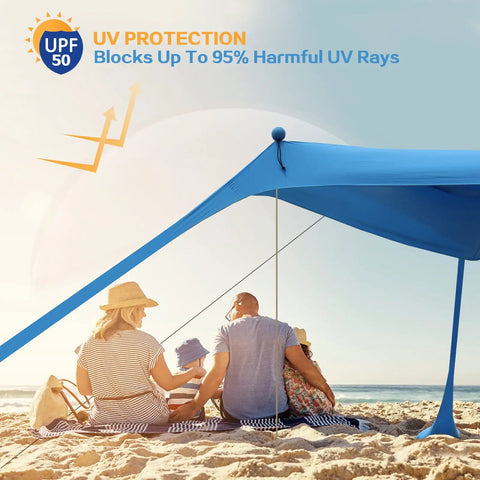 Family under Sun Shield Beach Canopy 11x11 Ft Easy Pop Up Tent With UPF50 Plus Protection No Fuss Windproof Frame