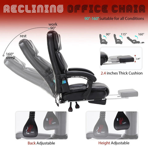Reclining Heavy Duty Massage Office Chair With Foot Rest And Heat 6 Point Vibration showing tilt angles and adjustments.