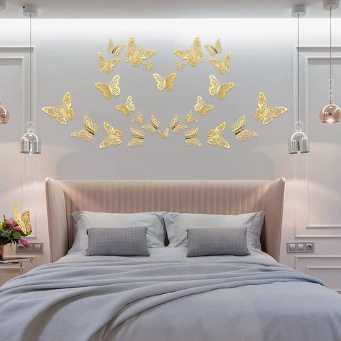 Gold Butterflies Wall Decor Kit With 72 Removable Wall Stickers In 3 Styles And 3 Sizes over a bedroom bed