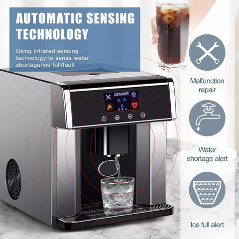 Heavy Duty Countertop Ice Maker With Two In One Cold Water Dispenser and Quick Chill Tech showing automatic sensing technology.