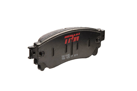 TRW disc brake pad, side view; black backing plate with red TRW logo