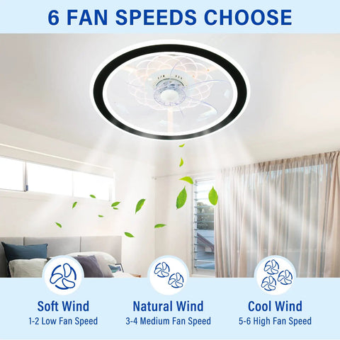 18 Inch Ceiling Fan With Light Kit Dope LED Lighting in a room, showcasing 6 speed options, soft to cool wind, semi flush mount.