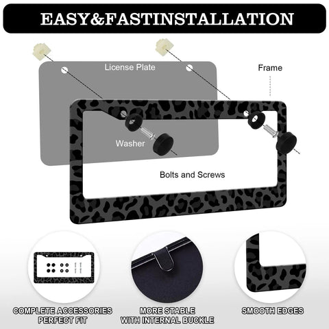 Installation diagram of Dope Leopard Print License Plate Frames 2 Pack Aluminum Rustproof Waterproof Car Tag Frame With Screws And Caps