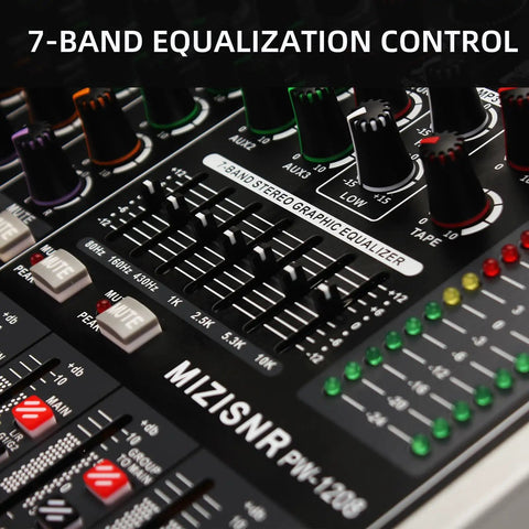 Close-up of 12 Channel Audio Mixer for Live DJing and Studio Use, 99 DSP Effects, 7 Band EQ, showing equalization controls.