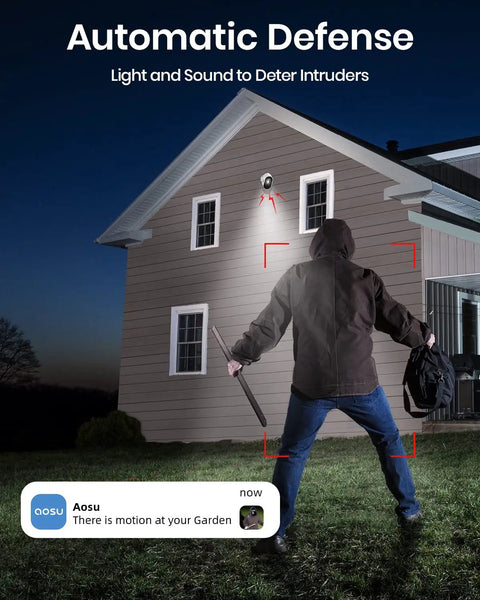 2K Add-On Camera For WirelessCam And SolarCam, Works With aosuBase, mounted on a house wall, detecting intruder at night