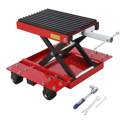 Beefy 1200 Lbs Motorcycle Lift Jack With Wheels For Dirt Bikes Street Bikes Cruisers And ATVs Wide Deck Thick Rubber Pad