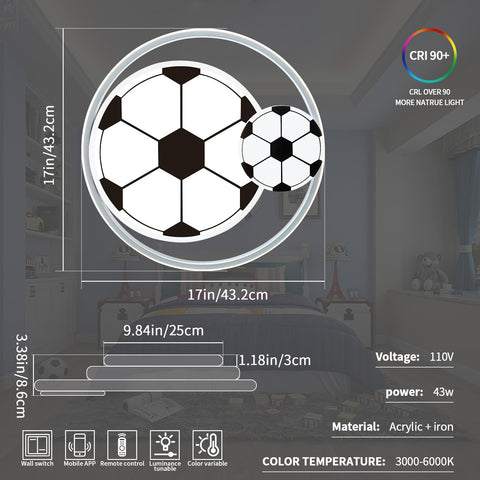 Cool Soccer Ball LED Ceiling Light For Kids Room And Bedroom, acrylic and iron flush mount, 17 inch, dimmable with remote
