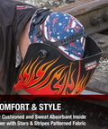 Welder wearing flame-pattern helmet with All American Stars And Stripes Welding Cap With Mesh Inside Liner, Unisex One Size.