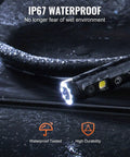 Pro Grade Endoscope Camera With Light Featuring Triple Lens For Clear Real World Inspection, 5 Inch Screen 1080P, 8 Plus 2 LED Lights With Adjustable Brightness, IP67 Waterproof Snake Camera For Automotive And Plumbing, 16.4 Foot Cable And 32GB Card. IP67 waterproof triple-lens snake camera tip in wet inspection